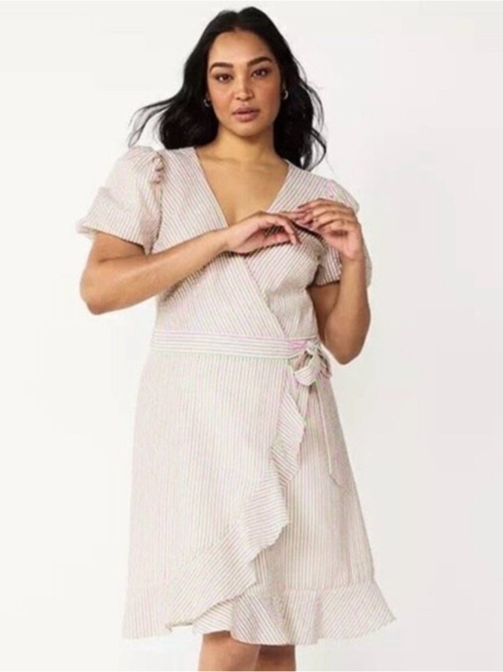 Draper James RSVP Pink/Green Striped Seersucker Wrap Dress